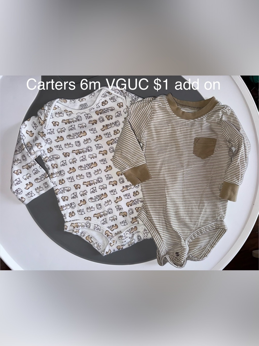 Carter's Neutral Bear Print & Tan Striped Long-Sleeve One-Pieces